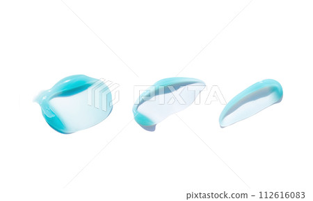 Collection of blue smears of liquid gel cream with hyaluronic acid isolated on white. Hydration skincare. Cosmetic essence, skin care, translucent serum close-up 112616083