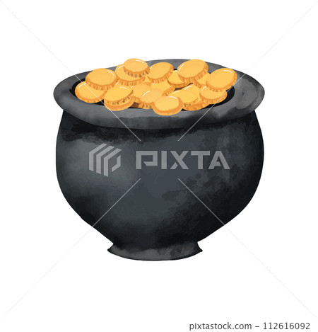 Black pot with gold coins, St Patrick Day. 112616092