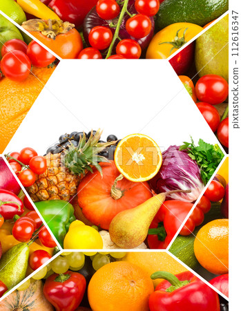 Set of vegetables and fruits. Free space for text. Vertical photo Set of vegetables and fruits. Free space for text. Vertical photo 112616347