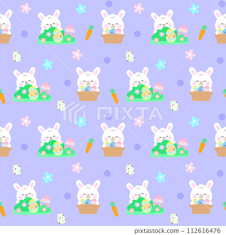 Easter Day seamless kids pattern cute hand drawn bunny play egg hunt background vector illustration Easter Day seamless kids pattern cute hand drawn bunny play egg hunt background vector illustration 112616476