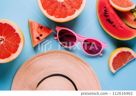 AI generated Colorful summer holiday background with accessories pink hat, bright sunglasses  112616902