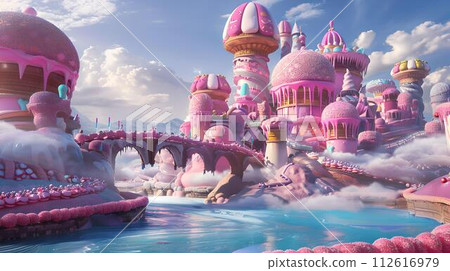 Enchanting candy castle floating over cotton candy clouds, dreamy pink sunrise. ideal for fantasy themes. AI 112616979