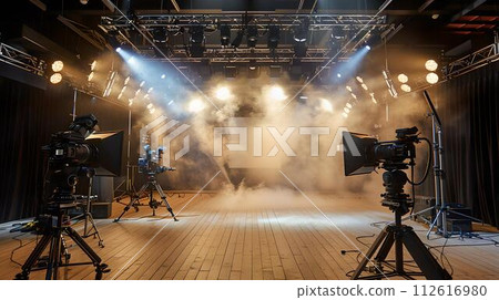 Professional stage lighting and camera equipment in a concert hall. an empty stage ready for performance. entertainment industry setup. AI 112616980