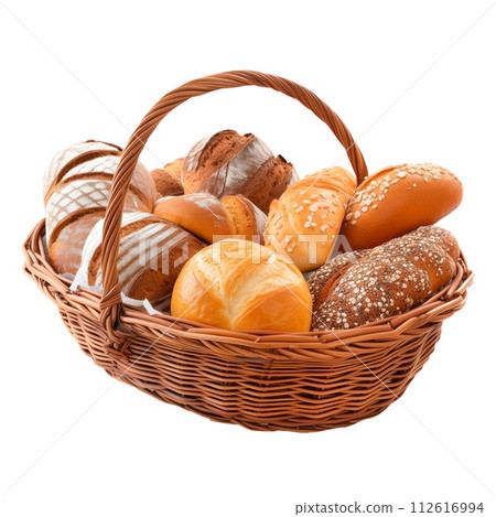 AI-generated content. Fresh bread with a golden crust in a basket isolated on a white or transparent background. Side view of an overflowing basket of crusty bread from a bakery. 112616994