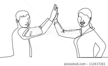 Continuous line of men giving high fives gesture hands to celebrate success. Business teamwork concept 112617261