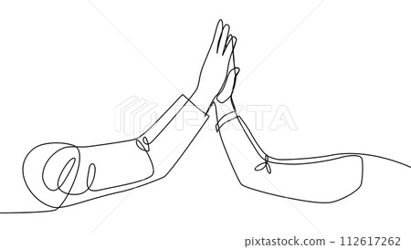 Continuous line of men giving high fives gesture hands to celebrate success. Business teamwork concept 112617262