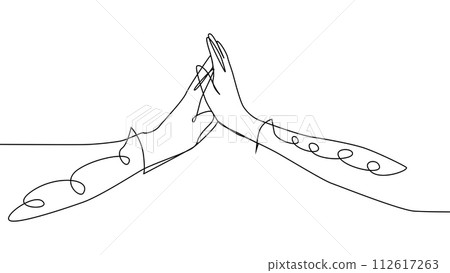 Continuous line of men giving high fives gesture hands to celebrate success. Business teamwork concept 112617263