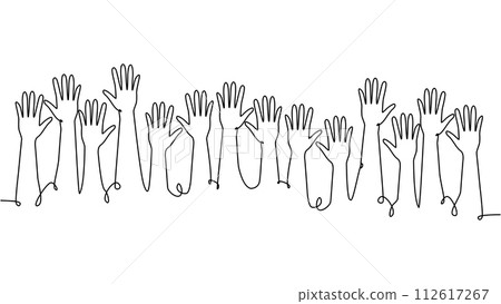continuous single line drawing of a group of hands raised up. The concept of voting, elections 112617267