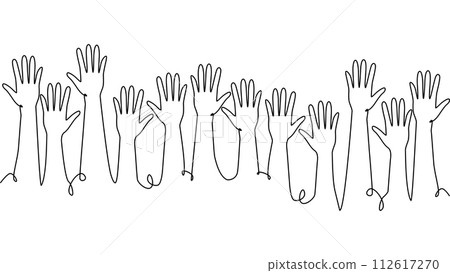continuous single line drawing of a group of hands raised up. The concept of voting, elections continuous single line drawing of a group of hands raised up. The concept of voting, elections 112617270