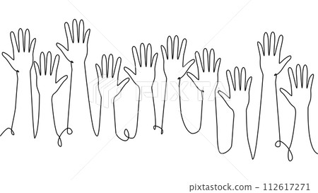 continuous single line drawing of a group of hands raised up. The concept of voting, elections continuous single line drawing of a group of hands raised up. The concept of voting, elections 112617271