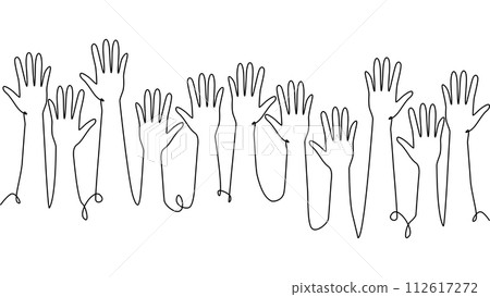 continuous single line drawing of a group of hands raised up. The concept of voting, elections continuous single line drawing of a group of hands raised up. The concept of voting, elections 112617272
