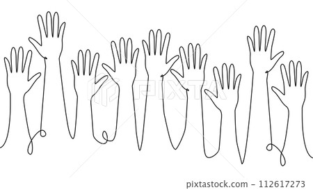 continuous single line drawing of a group of hands raised up. The concept of voting, elections 112617273