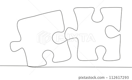 One line connecting puzzle pieces in one continuous line. Puzzle element. 112617293