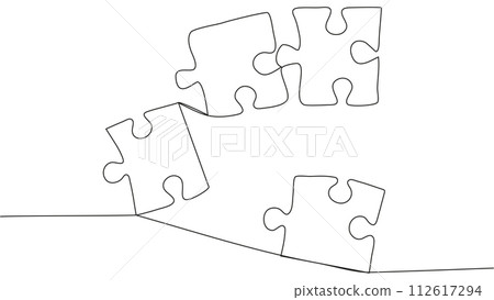 One line connecting puzzle pieces in one continuous line. Puzzle element. 112617294