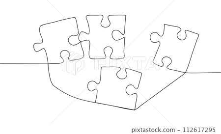 One line connecting puzzle pieces in one continuous line. Puzzle element. 112617295