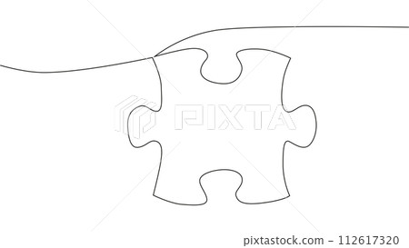 One line connecting puzzle pieces in one continuous line. Puzzle element. 112617320