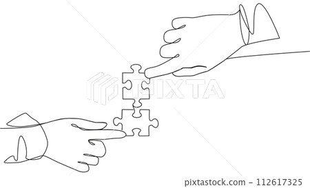 Self drawing line animation of two hands with puzzle pieces connecting together 112617325