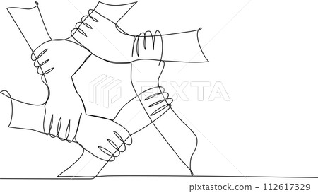 Continuous line of men giving high fives gesture hands to celebrate success. Business teamwork concept 112617329