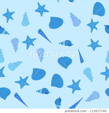 Seamless pattern with starfish, corals, pearls and seashells. Vector background with marine theme. 112617340