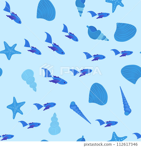 Seamless pattern with starfish, corals, pearls and seashells. Vector background with marine theme. 112617346