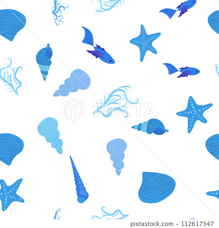 Seamless pattern with starfish, corals, pearls and seashells. Vector background with marine theme. 112617347