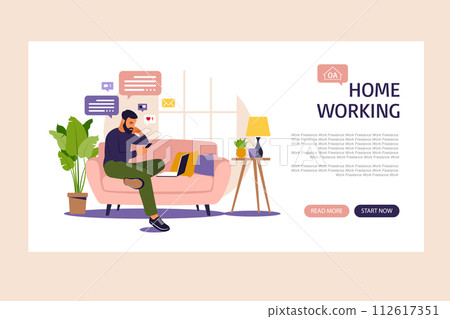 Man sitting in a sofa and working online at home. Home working . Landing page. Freelance, online education or social media concept. Vector illustration isolated on white. Flat style. 112617351
