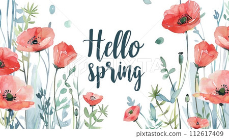 Hand painted Hello Spring watercolor greeting with poppy flowers 112617409