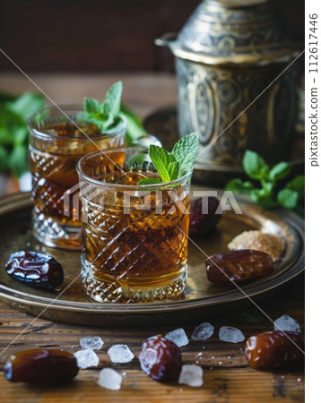 Moroccan tea in traditional glasses with mint, dates and sugar Moroccan tea in traditional glasses with mint, dates and sugar 112617446