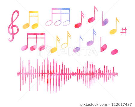 Watercolor music notes and equalizer wave in sketch style. Multicolored music elements, sound waves. Audio, signal, voice recording. Hand drawn illustration for design Watercolor music notes and equalizer wave in sketch style. Multicolored music elements, sound waves. Audio, signal, voice recording. Hand drawn illustration for design 112617487