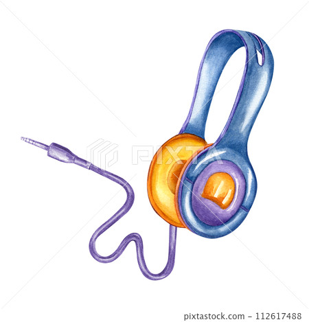 Blue yellow Earphones with purple wire. Music equipment mobile device. Listen audio. Headphones. Earpiece for listening to music. Watercolor illustration for design, label, logo. Blue yellow Earphones with purple wire. Music equipment mobile device. Listen audio. Headphones. Earpiece for listening to music. Watercolor illustration for design, label, logo. 112617488