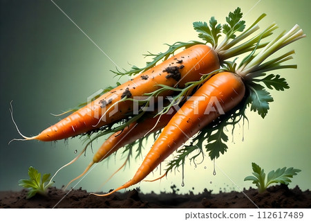 Long carrots in the remains of the soil, with green tops. 112617489