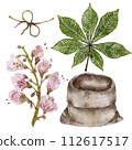 Set for a chestnut composition. Leaves and inflorescences of chestnut. Canvas bag with jute rope. Watercolor illustration. High quality illustration 112617517