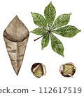 Set for the composition of roasted chestnuts. Chestnut leaf and paper bag. Watercolor illustration. 112617519