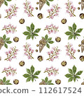 Seamless pattern with chestnut leaves and flowers. Paper bag with roasted chestnuts. Watercolor print for textile or wallpaper. 112617524