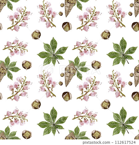 Seamless pattern with chestnut leaves and flowers. Paper bag with roasted chestnuts. Watercolor print for textile or wallpaper. 112617524