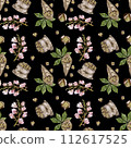 Seamless pattern with chestnut leaves and flowers. Canvas bag with roasted chestnuts. Watercolor print for textile or wallpaper on a black background. 112617525