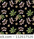 Seamless pattern with chestnut leaves and flowers. Paper bag with roasted chestnuts. Watercolor print for textile or wallpaper on a black background 112617526