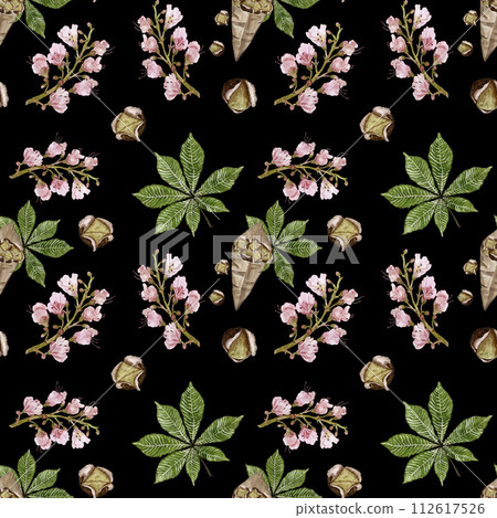 Seamless pattern with chestnut leaves and flowers. Paper bag with roasted chestnuts. Watercolor print for textile or wallpaper on a black background 112617526