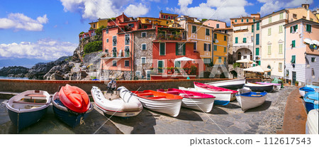 Italy travel, Liguria region. Scenic colorful traditional village Tellaro with old fishing boats. la Spezia province. 112617543