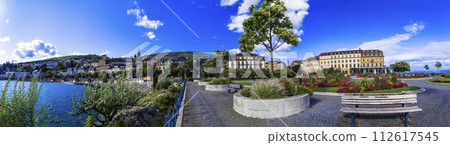 Switzerland . scenic Neuchatel town, lake and canton. Swiss travel destinations. 112617545