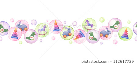 Abstract polka dot with kid toys. Seamless banner. Rabbit, hobbyhorse, pyramid, bird made of wood. Circle in soft pastel colors. Creative minimalist style. Watercolor illustration for textile, package 112617729