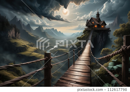 wooden bridge over an abyss in the mountains 112617798