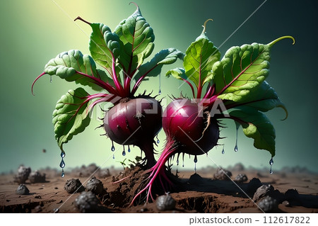 Ripe beets in the remains of the earth, with green tops. 112617822