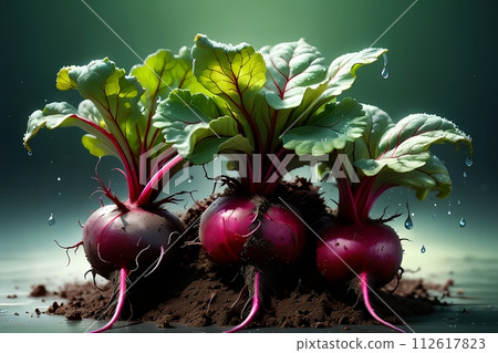 Ripe beets in the remains of the earth, with green tops. 112617823
