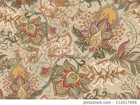 Fantasy flowers in retro, vintage, jacobean embroidery style 112617898