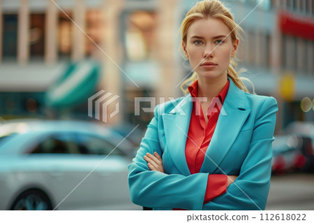 Confident businesswoman in striking turquoise blazer over red blouse, ideal for themes of professionalism, leadership, and bold corporate style. Generative AI. 112618022
