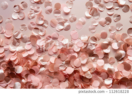 Rose golden confetti scattered on blush pink background. Generative AI 112618228