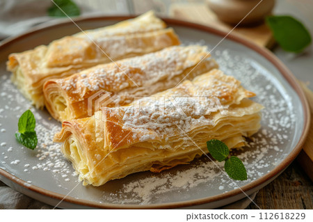 Sweet strudel with cream cheese on a plate. Generative AI Sweet strudel with cream cheese on a plate. Generative AI 112618229