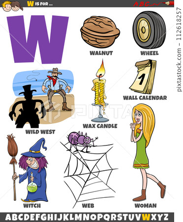 Letter W set with cartoon objects and characters Letter W set with cartoon objects and characters 112618257