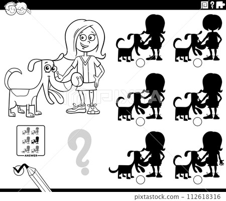 shadow game with cartoon girl and her pet dog coloring page 112618316